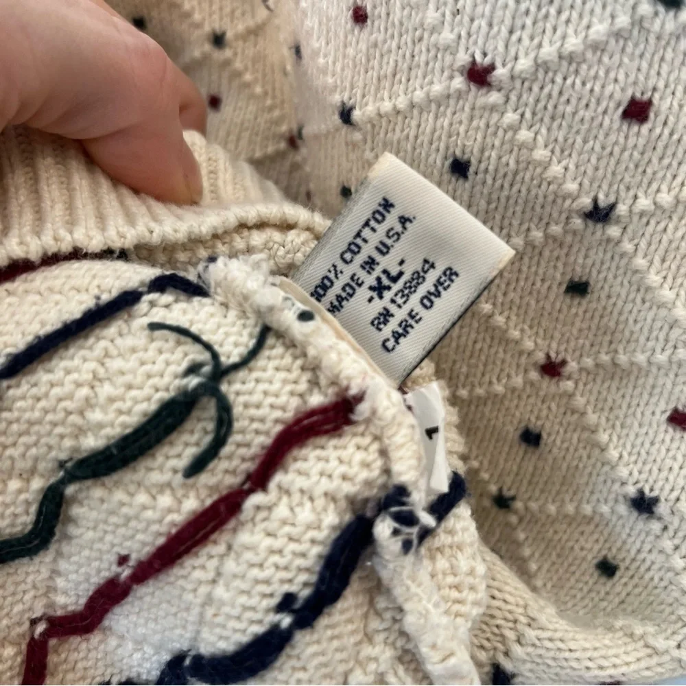 Vintage Lazarus Chunky Pullover Sweater Cream Mens Xl Polka Dot Grandpa Cotton
